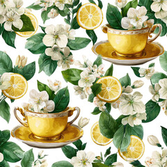 Floral teacups and lemons, repeating pattern (1)