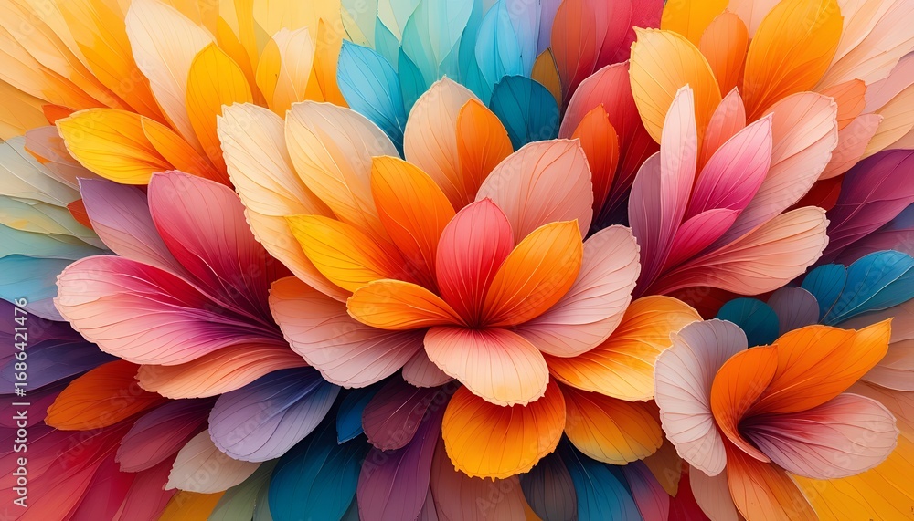 Poster vibrant and colorful layered abstract petals creating a harmonious floral pattern with depth and