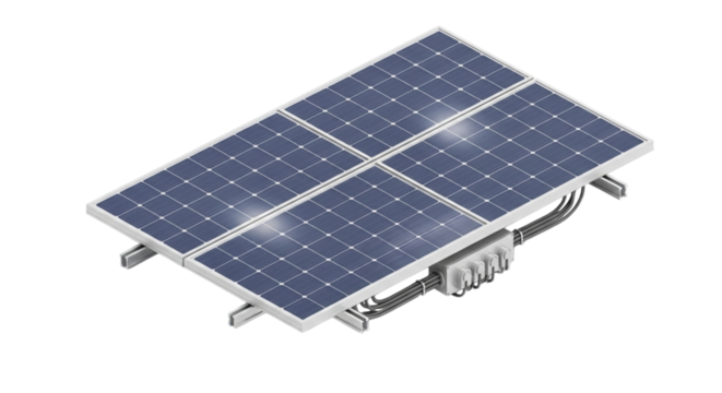 A small solar panel system with four photovoltaic cells isolated on transparent background
