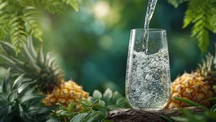 Refreshing water poured into a glass, surrounded by lush greenery and pineapples