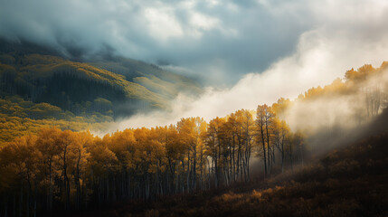 Obraz premium Breathtaking view of a mountain range with a spruce forest on a sunny day.