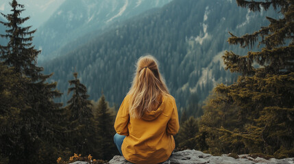 woman traveler looking at mountains and forest view