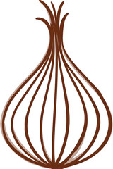 A stylized illustration of an onion.  Brown layers,  with a top