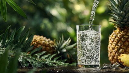 Refreshing pineapple water poured into a glass