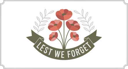 Lest We Forget Remembrance Day Poppies, Olive Branch, Banner Illustration, Symbolic Memorial Day
