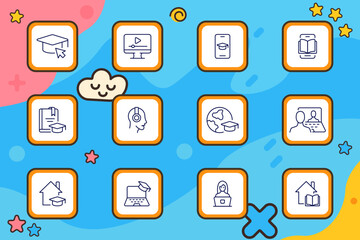 Online learning set icon. Multiple e-learning symbols including graduation caps, laptops, mobile devices, books, headphones, documents, and video players in flat outlined style.