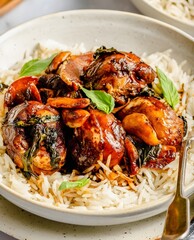 Glazed chicken with rice and herbs