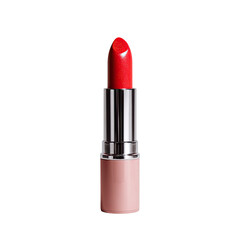 A vibrant red lipstick in a light pink tube