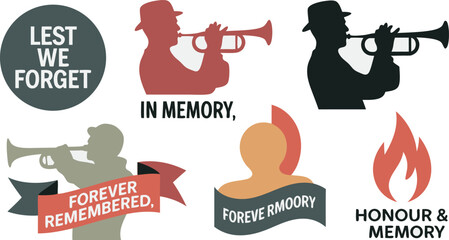 Lest We Forget, In Memory, Honour, Silhouette Trumpeters and Flame Representing Remembrance and Memorials