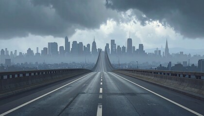 A highway bridge stretching into a futuristic city shrouded in a gloomy atmosphere