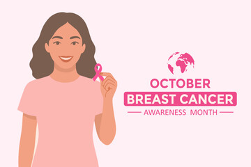Illustration of a woman holding a pink ribbon symbolizing support for breast cancer awareness. Design theme for October Breast Cancer Awareness Month with pink tones and a globe icon.