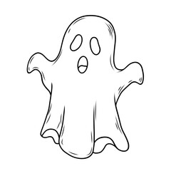 Cute Ghost Line Art with a Surprised Expression - Black and White Vector for Halloween Coloring Pages and Spooky Designs.