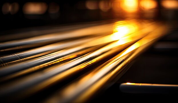 Close-up of metallic pipes, illuminated by golden light
