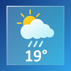 Partly rainy icon. Cloud with sun above rain lines on blue background with temperature 19 and label partlyrainy in white bold text.