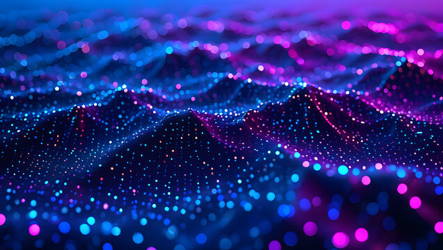 Abstract background with glowing blue and purple particles forming waves of digital data