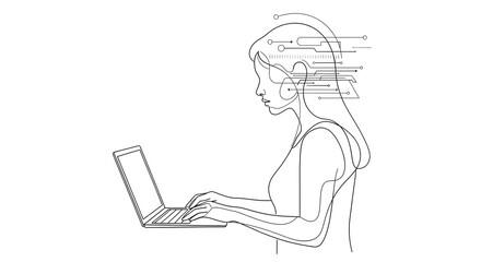 Minimalist line art depicting a cyborg woman working on a laptop, symbolizing the fusion of human consciousness with artificial intelligence