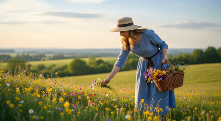 Woman picking wildflowers in sunny meadow