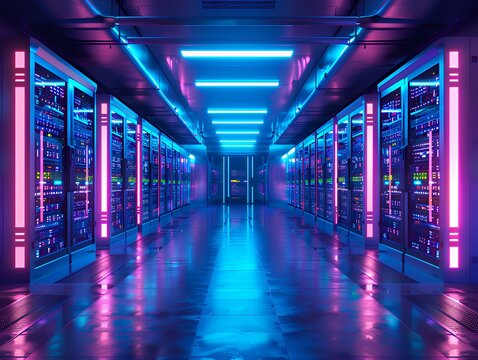 Futuristic data center with neon lighting - Powered by Adobe