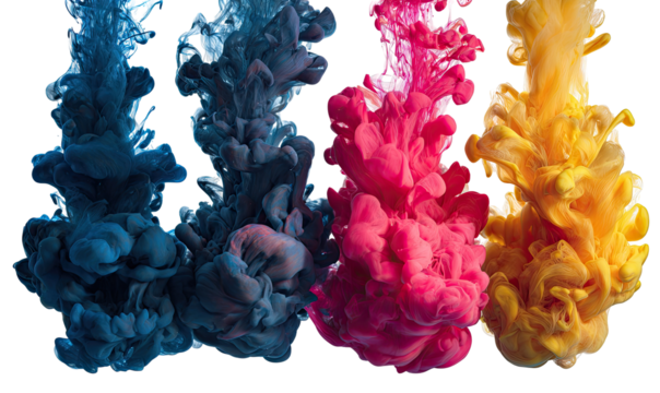 Abstract ink drops in vibrant colors. Three distinct ink plumes?blue, pink, and yellow?mix and disperse in a liquid medium. Fluid motion and color contrast