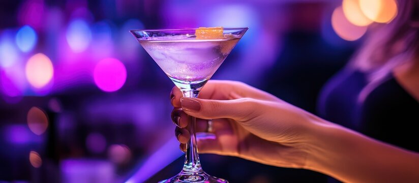 Woman Holding Martini Glass with Orange Peel in Neon Bar