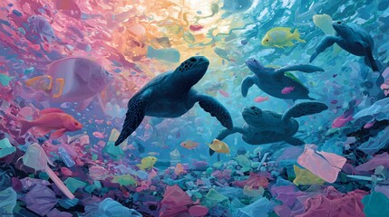 Fototapeta premium Sea turtles swim sadly among colorful plastic waste and debris, a visual metaphor for pollution.