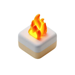 3D icon of a burning square block.  Bright orange flames rise from a light beige/tan and white cube