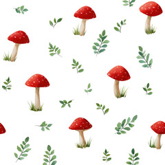 A repeating pattern of red mushrooms and green leaves on a black background.  The mushrooms have a red cap and a light beige stem with a touch of green grass at the base.  