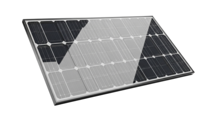 A single solar panel with a reflective surface isolated on transparent background