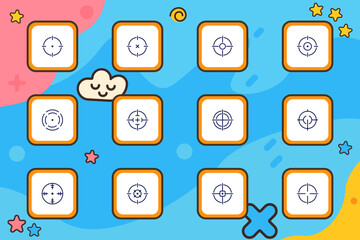 Target set icon. Outlined bullseye icons with crosshairs, circles, markers, dots, and scopes arranged as consistent line graphics on blue gradient background