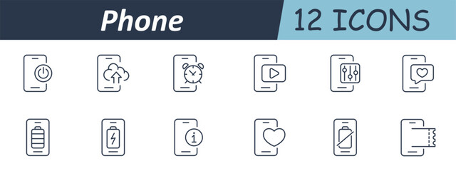 Phone utility set icon. Smartphones with interface elements for power, upload, alarm, video, sliders, message, battery, info, heart, scan, coupon, and settings
