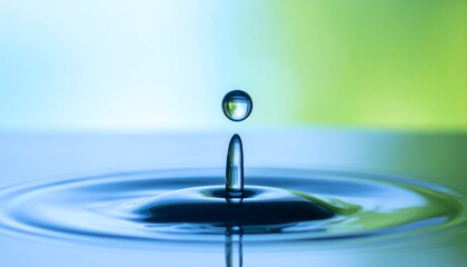 Clean water droplet falling and splashing into a pristine blue liquid surface, creating perfect ripples. Freshness and purity.