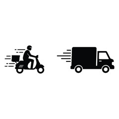 Vector art of delivery scooter and truck icons moving quickly