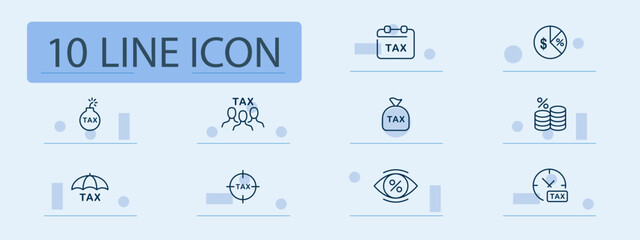 Tax and finance set icon. Calendar, bomb, bag, pie chart, umbrella, coins, group, percentage, stopwatch, target, eye used in taxation, deadline, audit, planning concepts