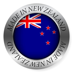 Made in New Zealand button icon. Circular emblem with metallic border, glossy central flag, and bilingual label indicating product origin and international manufacturing identity.