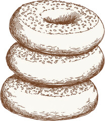 Stack of three bagels, hand-drawn style