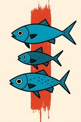 A minimalistic illustration of three stylized fish stacked vertically