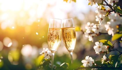Two champagne flutes in spring blossoms