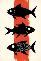 A minimalistic illustration of three stylized fish stacked vertically