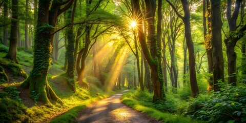 Obraz premium Sunbeams stream through the canopy of a lush green forest, illuminating a path