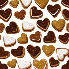 Heart-shaped cookies in a repeating pattern, various shades of brown and white, with a slightly textured appearance