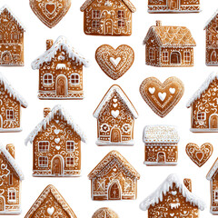 Gingerbread houses and hearts, festive pattern (1)