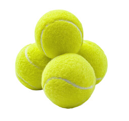 Four tennis balls stacked in a pyramid shape.  Bright yellow balls with white stitching