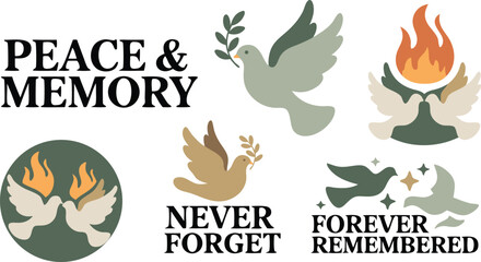 Peace and Remembrance Illustrated Doves with Olive Branches, Flames, and Memorial Inscriptions Collection
