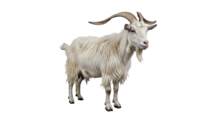 A mature white goat with long curved horns standing on a transparent background isolated on transparent background