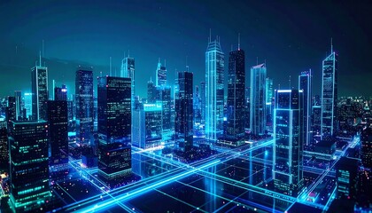 Obraz premium Futuristic city skyline at night with glowing lines