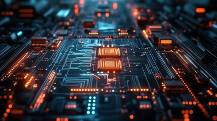 Obraz premium Advanced Technology Circuit Board with Luminous Data Pathways and Microchips