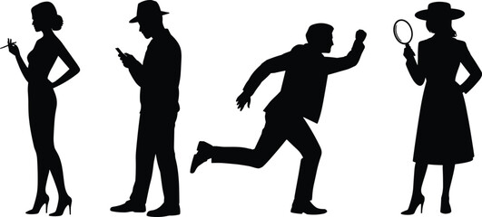 Detective silhouette vector set with man running, woman smoking, person using phone, female investigator with magnifying glass, mystery crime illustration design