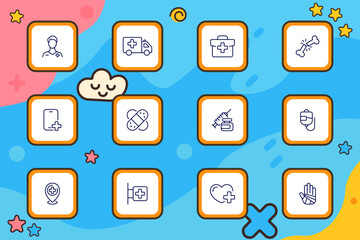 Medical care set icon. Outlined icons depicting healthcare items including ambulance, doctor, syringe, bandage, first aid, bone injury, IV bag, and hospital location in square orange borders.
