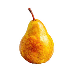 Close-up of a ripe pear, yellow with reddish-brown speckles, isolated on black