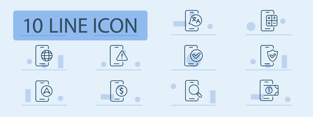 Mobile interface set icon. Smartphone with globe, alert, shield, tick, dollar, arrow, calculator, magnifier, checkmark, language speech bubble shown